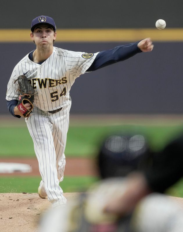 Milwaukee Brewers pitcher Robert Gasser (54) throws during the first inning of their game against the Los Angeles Dodgers Saturday, May 23, 2026 at American Family Field in Milwaukee, Wisconsin.