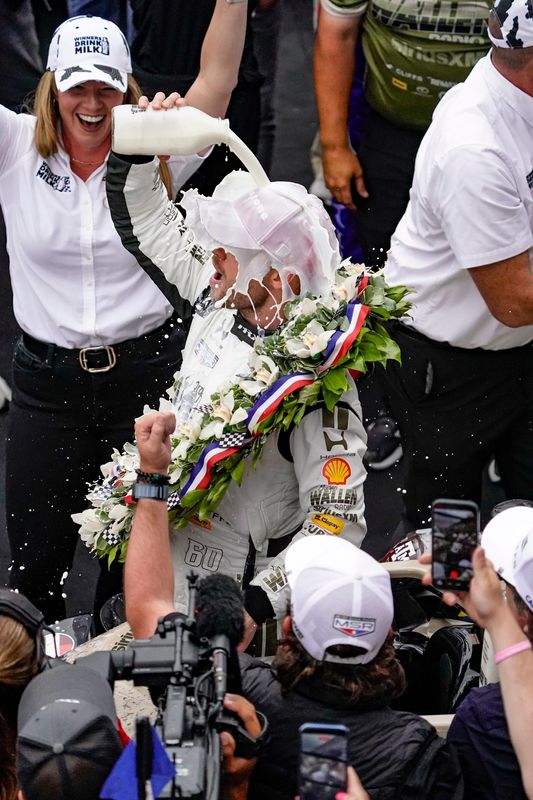 Felix Rosenqvist celebrates his victory in the 110th Indianapolis 500 on May 24.