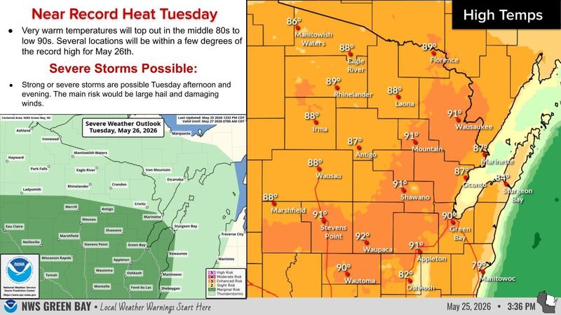 Temperatures could hit record highs in northeastern Wisconsin May 26.