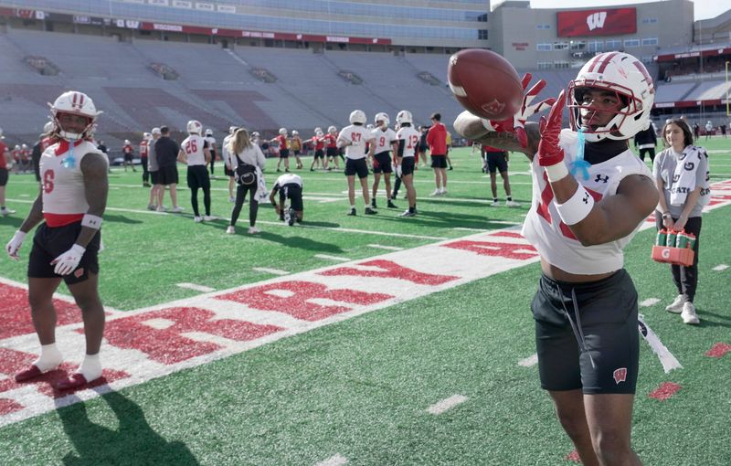 Wisconsin running back Nate Palmer (15) is shown during spring football practice Tuesday, April 21, 2026 at Camp Randall Stadium in Madison, Wisconsin.