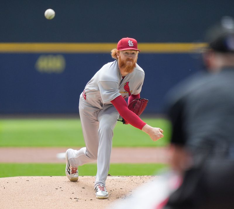St. Louis Cardinals starting pitcher Dustin May (3) pitches during the first inning of the game against the Milwaukee Brewers on Wednesday May 27, 2026 at American Family Field in Milwaukee, Wisconsin.