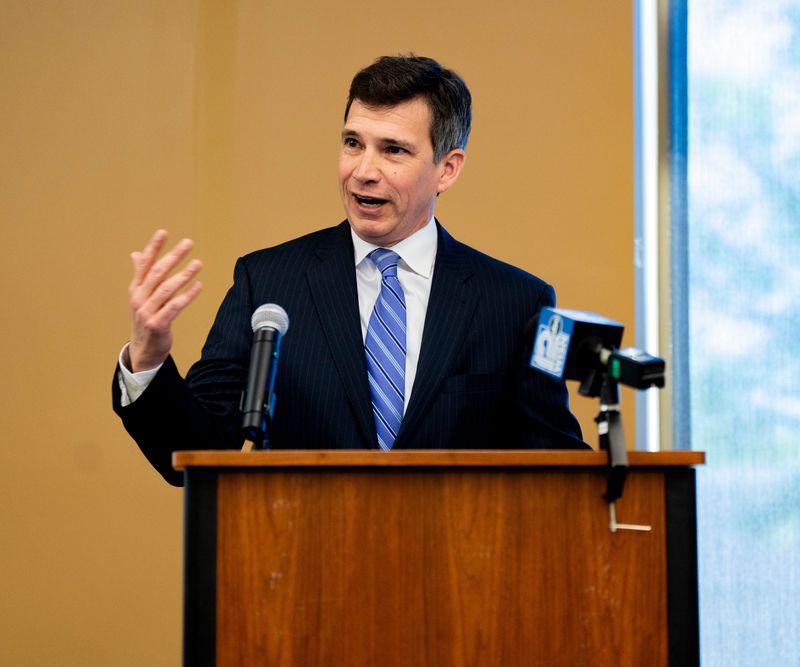 Milwaukee County District Attorney Kent Lovern delivers remarks celebrating the 10-year anniversary of the Sojourner Family Peace Center opening its new building, on Thursday, May 28, 2026, in Milwaukee, Wisconsin.