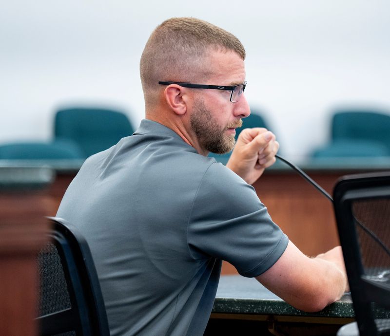 Brandon Fisher, a Waupun Correctional lieutenant charged in the deaths of inmates Cameron Williams and Donald Maier, is seen during a sentencing hearing before Circuit Judge Brian Pfitzinger iat the Dodge County Courthouse on May 29, 2026, in Juneau, Wisconsin.