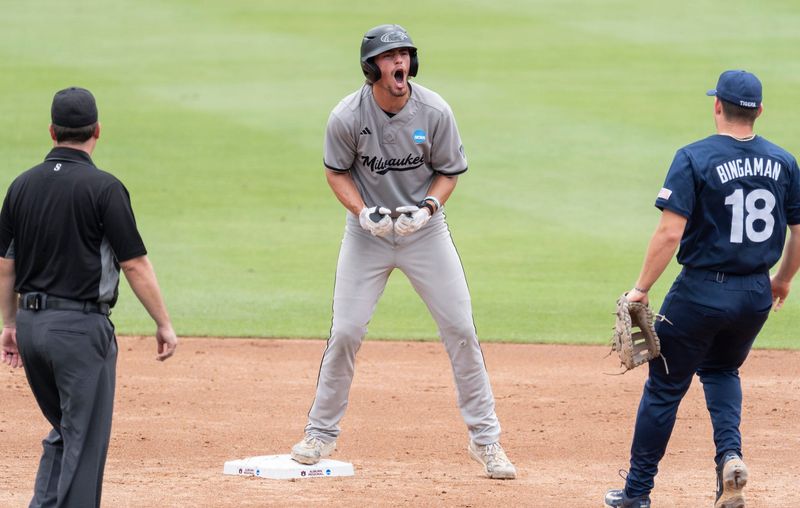 Milwaukee Panthers' Christian Holmes (29) celebrates his double as Auburn Tigers take on Milwaukee Panthers during the NCAA Regional Baseball tournament at Plainsman Park in Auburn, Ala. on Friday, May 29, 2026.
