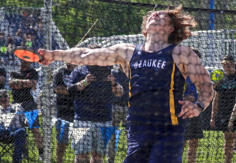 Ozaukee’s Jack Lentz releases the discus at the Div. 3 Sectional 2 at Hilbert High School, Friday, May 29, 2026, in Hilbert, Wis.