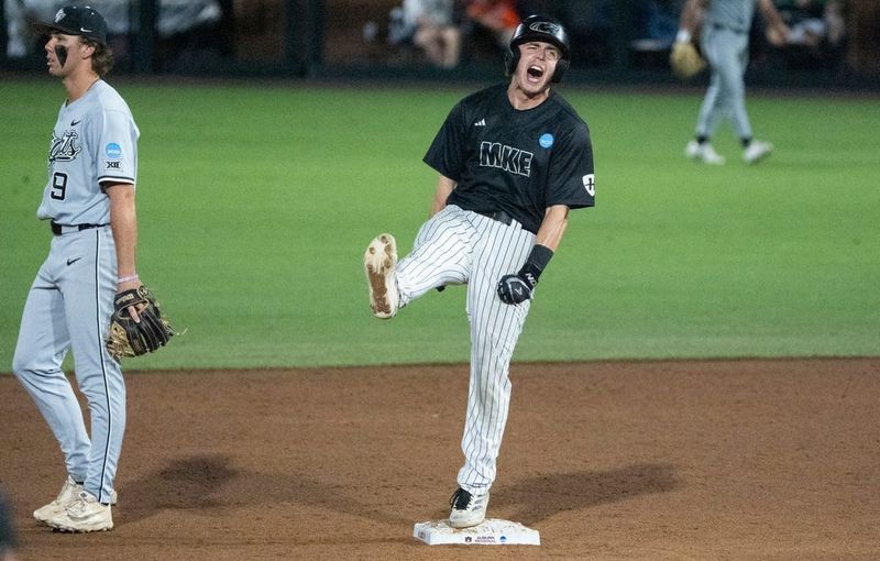 Milwaukee Panthers' Grant Ross (8) celebrates his double as Milwaukee Panthers take on UCF Knights during the NCAA Regional Baseball tournament at Plainsman Park in Auburn, Ala. on Saturday, May 30, 2026.