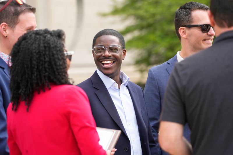 Milwaukee County Executive David Crowley, (center), chat with community leaders following the raising of the Intersex Progress Pride Flag at Milwaukee County Courthouse for the kick off of Pride Month on June 1, 2026 at 930 W. Wells St., in Milwaukee, Wisconsin.