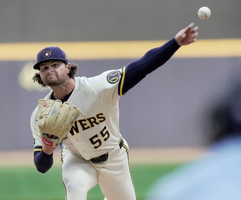 Milwaukee Brewers pitcher Shane Drohan (55) throws during the first inning of their game against the San Francisco Giants Monday, June 1, 2026 at American Family Field in Milwaukee, Wisconsin.