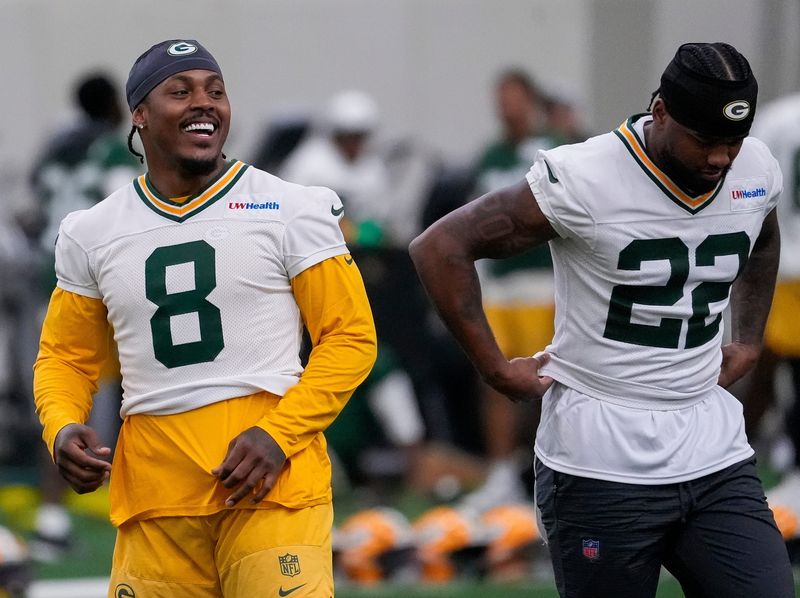 Packers running back Josh Jacobs (8) laughs during practice June 2 at the Don Hutson Center.