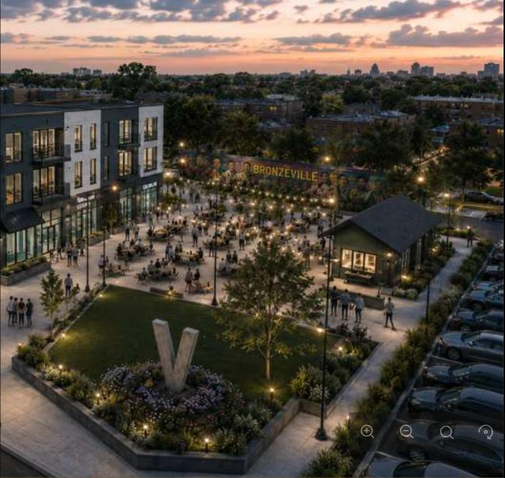 Victory Lofts, a 48-unit workforce apartment complex featuring a commercial kitchen, performance space and public plaza.