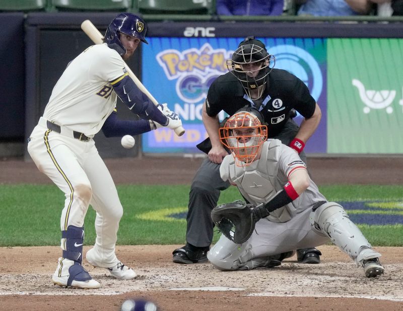 Milwaukee Brewers second baseman Brice Turang (2) hits an RBI single during the seventh inning of their game against the San Francisco Giants Tuesday, June 2, 2026 at American Family Field in Milwaukee, Wisconsin.