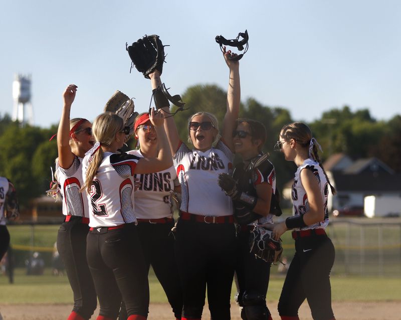 Lomira players celebrate after a Division 3, sectional semifinal game against Laconia at Lomira on Tuesday, June 2, 2026. Lomira defeated Laconia, 1-0.