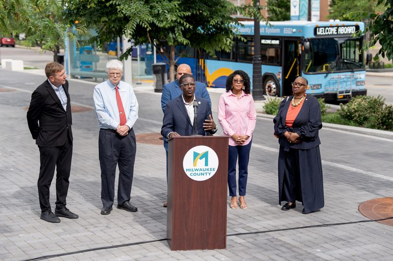 Milwaukee County Executive David Crowley provides an update on the fiscal status of the Milwaukee County Transit System, before unveiling the newest MCTS bus model, during a press conference at Vel R. Phillips Plaza on the morning of June 4, 2026 in Milwaukee, Wisconsin.