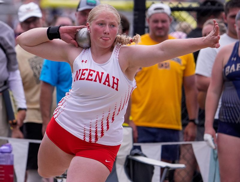 Neenah's Emma Severson competes in the shot put during the first day of the WIAA state track and field meet June 5 at Veterans Memorial Field Sports Complex in La Crosse.