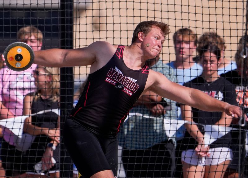 Marathon High School's Chris Marcell competes in the Division 3 boys discus throw during the first day of the WIAA state track and field meet on Friday, June 5, 2026, at Veterans Memorial Field Sports Complex in La Crosse, Wis. 
Tork Mason/USA TODAY NETWORK-Wisconsin