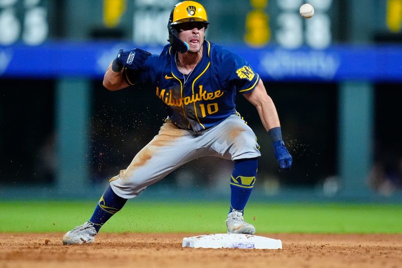Jun 5, 2026; Denver, Colorado, USA; Milwaukee Brewers right fielder Sal Frelick (10) reacts in the ninth inning against the Colorado Rockies at Coors Field. Mandatory Credit: Ron Chenoy-Imagn Images