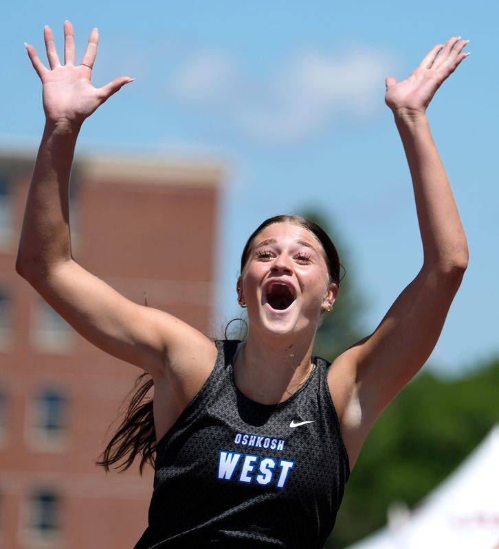 Oshkosh West High School’s Sydnee Nelson reacts after winning a state championship in the Division 1 100m hurdles during day 2 of the WIAA state track and field meet Saturday, June 6, 2026 at Veterans Memorial Field Sports Complex in La Crosse, Wisconsin
Wm. Glasheen USA TODAY NETWORK-Wisconsin