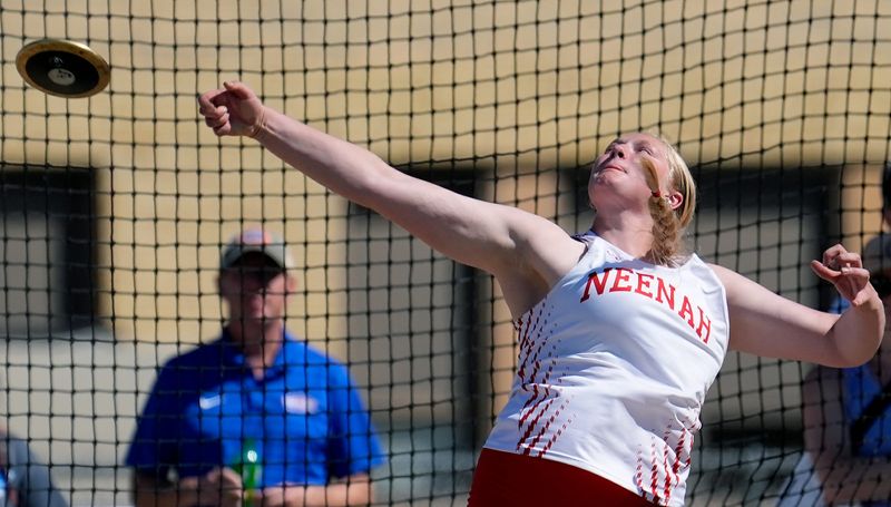 Neenah’s Emma Severson competes in the Division 1 discus during Day 2 of the WIAA state track and field meet June 6 in La Crosse.