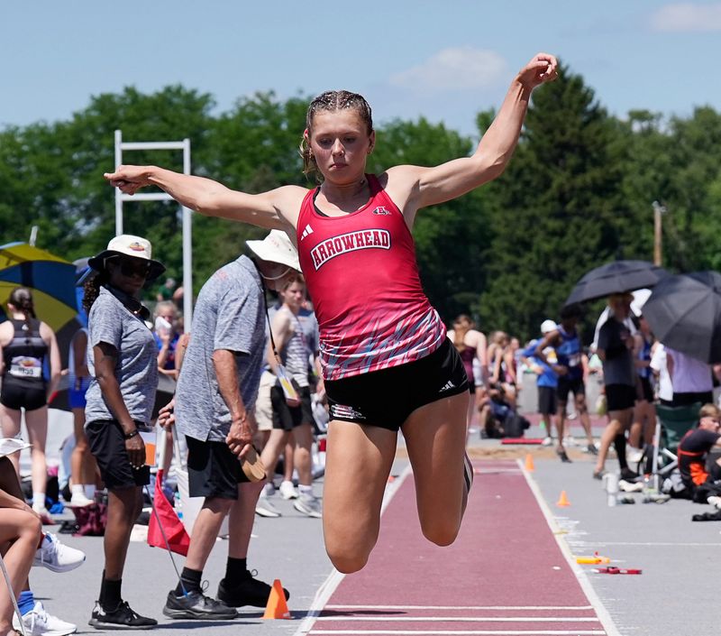 Arrowhead High School senior Payton Eicher competes in the Division 1 girls triple jump final during the WIAA State Track and Field meet in La Crosse, Wisconsin on Saturday, June 6, 2026.