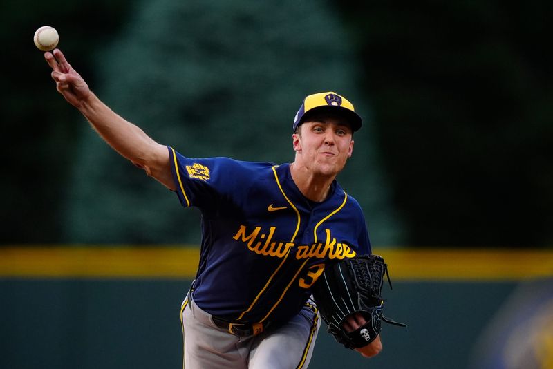 Jun 6, 2026; Denver, Colorado, USA; Milwaukee Brewers starting pitcher Jacob Misiorowski (32) delivers a pitch in the first inning against the Colorado Rockies at Coors Field. Mandatory Credit: Ron Chenoy-Imagn Images