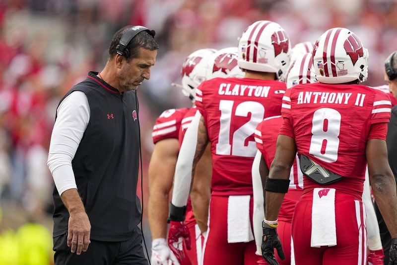 Oct 18, 2025; Madison, Wisconsin, USA; Wisconsin Badgers head coach Luke Fickell during the game against the Ohio State Buckeyes at Camp Randall Stadium. Mandatory Credit: Jeff Hanisch-Imagn Images