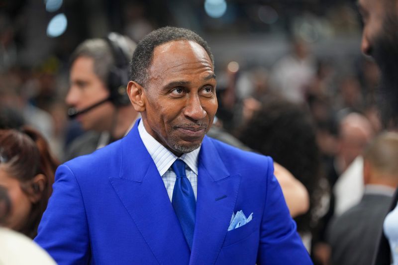 Jun 5, 2026; San Antonio, Texas, USA; Stephen A. Smith looks on before the game between the San Antonio Spurs and the New York Knicks in game two of the 2026 NBA Finals at Frost Bank Center. Mandatory Credit: Scott Wachter-Imagn Images