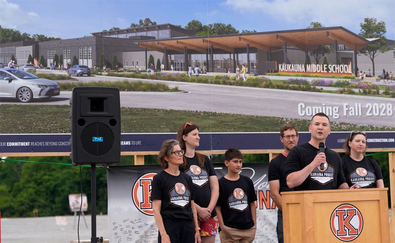 Superintendent Mike Slowinski speaks during the Kaukauna Middle School groundbreaking ceremony Monday, June 8, 2026, in Kaukauna, Wisconsin.