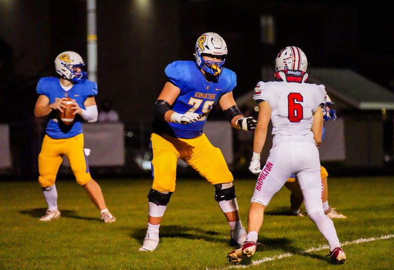 Germantown lineman Cole Reiter (79) protects his quarterback during the game against Sussex Hamilton, Sept. 19, 2025, in Germantown, Wisconsin. Hamilton won the game, 23-21.