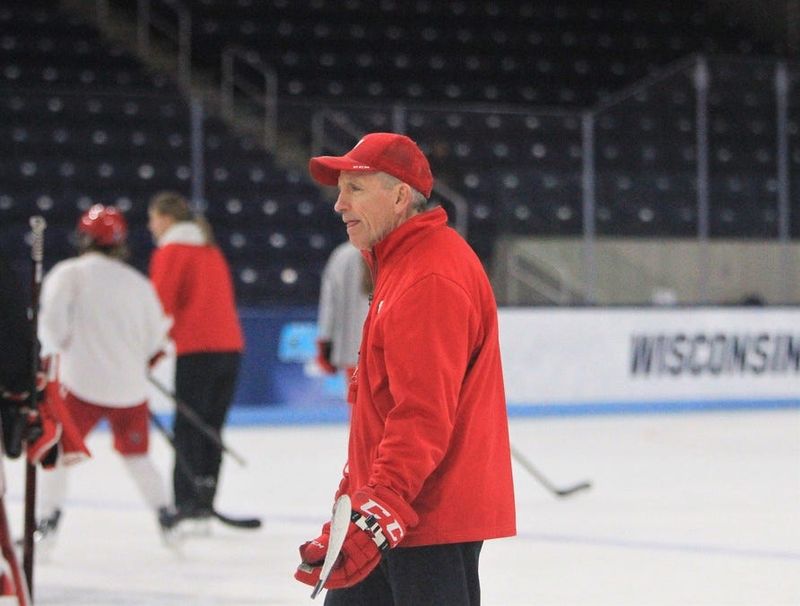 Wisconsin coach Mark Johnson keeps and eye on the action during practice at the Frozen Four at Pegula Ice Arena in University Park, Pa. on March 19, 2026.