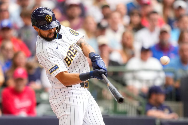 Jun 14, 2026; Milwaukee, Wisconsin, USA; Milwaukee Brewers right fielder Blake Perkins (16) hits a home run during the fourth inning against the Philadelphia Phillies at American Family Field. Mandatory Credit: Jeff Hanisch-Imagn Images