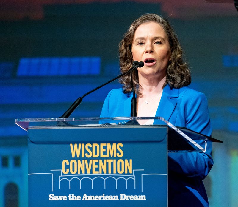 Democratic gubernatorial candidate and Wisconsin Lt. Gov. Sara Rodriguez makes remarks during the 2026 Wisconsin Democratic Convention at the Monona Terrace Community and Convention Center in Madison, Wisconsin on June 14, 2026.