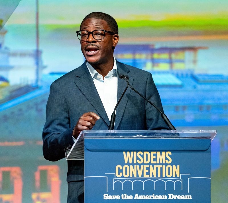 Democratic gubernatorial candidate and Milwaukee County Executive David Crowley makes remarks during the 2026 Wisconsin Democratic Convention at the Monona Terrace Community and Convention Center in Madison, Wisconsin on June 14, 2026.