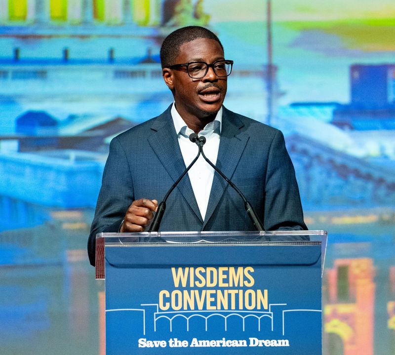 Democratic gubernatorial candidate and Milwaukee County Executive David Crowley makes remarks during the 2026 Wisconsin Democratic Convention at the Monona Terrace Community and Convention Center in Madison, Wisconsin on June 14, 2026.