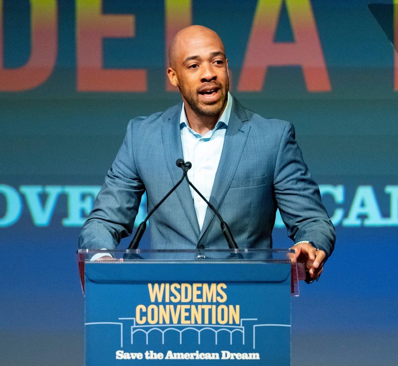 Democratic gubernatorial candidate and former Wisconsin Lt. Gov. Mandela Barnes makes remarks during the 2026 Wisconsin Democratic Convention at the Monona Terrace Community and Convention Center in Madison, Wisconsin on June 14, 2026.