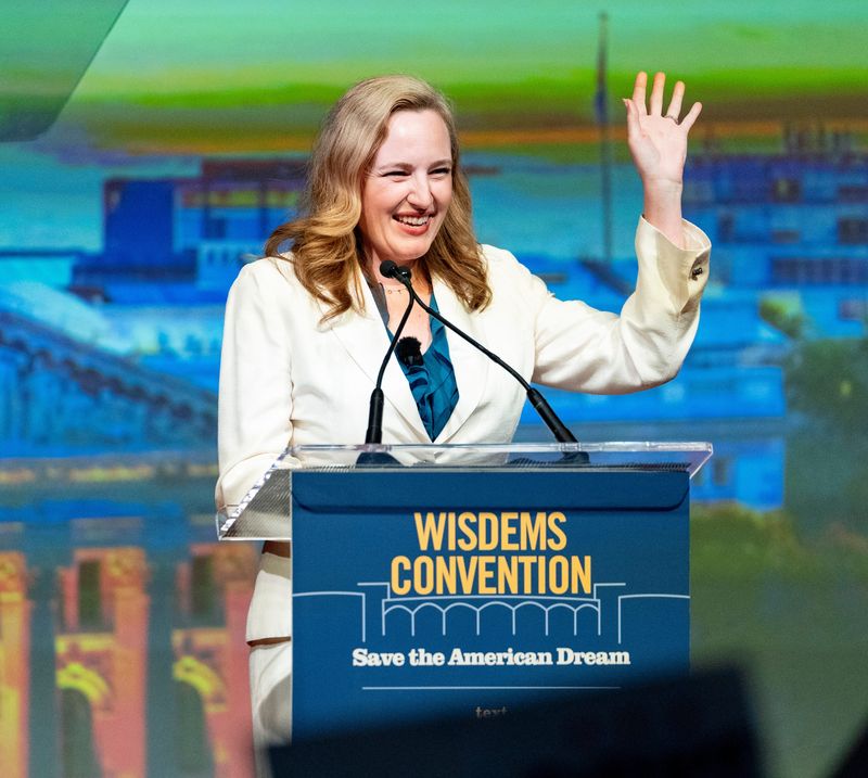 Democratic gubernatorial candidate and state Sen. Kelda Roys makes remarks during the 2026 Wisconsin Democratic Convention at the Monona Terrace Community and Convention Center in Madison, Wisconsin on June 14, 2026.
