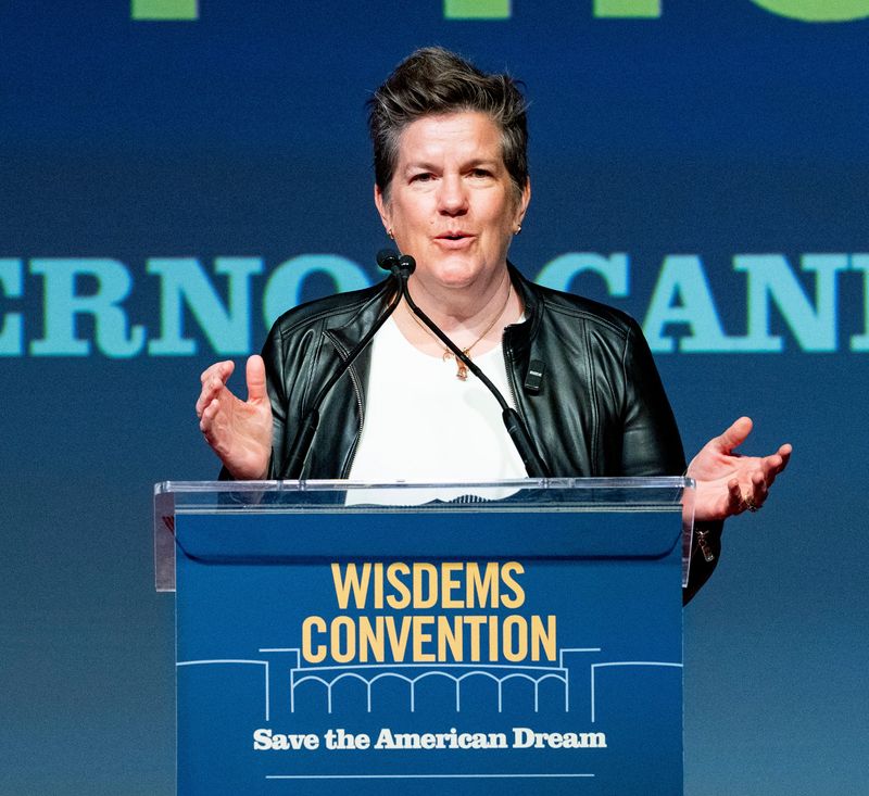 Democratic gubernatorial candidate and former Wisconsin Economic Development Corp. CEO Missy Hughes makes remarks during the 2026 Wisconsin Democratic Convention at the Monona Terrace Community and Convention Center in Madison, Wisconsin on June 14, 2026.