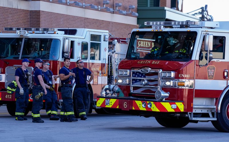 Green Bay Metro Fire Department firefighters assemble before a training exercise on Monday, June 15, 2026, at Lambeau Field in Green Bay, Wis. Crews trained on using Lambeau Field's standpipe fire suppression system.