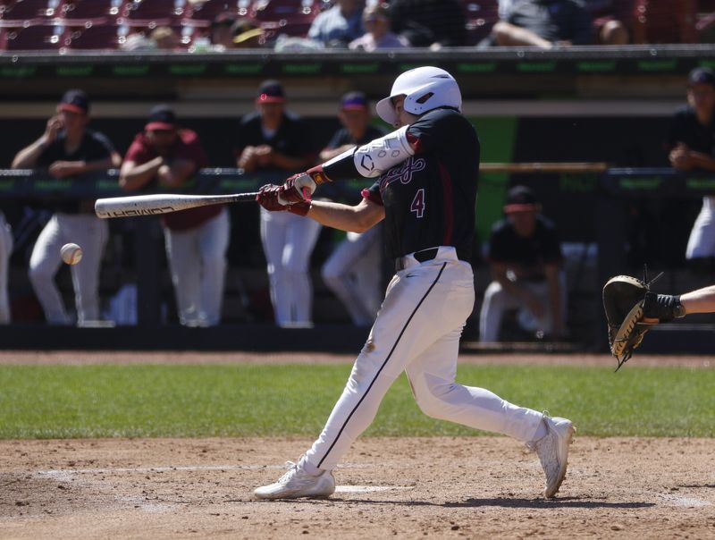 Fond du Lac's Hudson Berg swings at a pitch against Madison Memorial in the Division 1 WIAA state tournament quarterfinals at Neuroscience Group Field at Fox Cities Stadium in Grand Chute on Monday, June 15, 2026. Madison Memorial won 8-4.