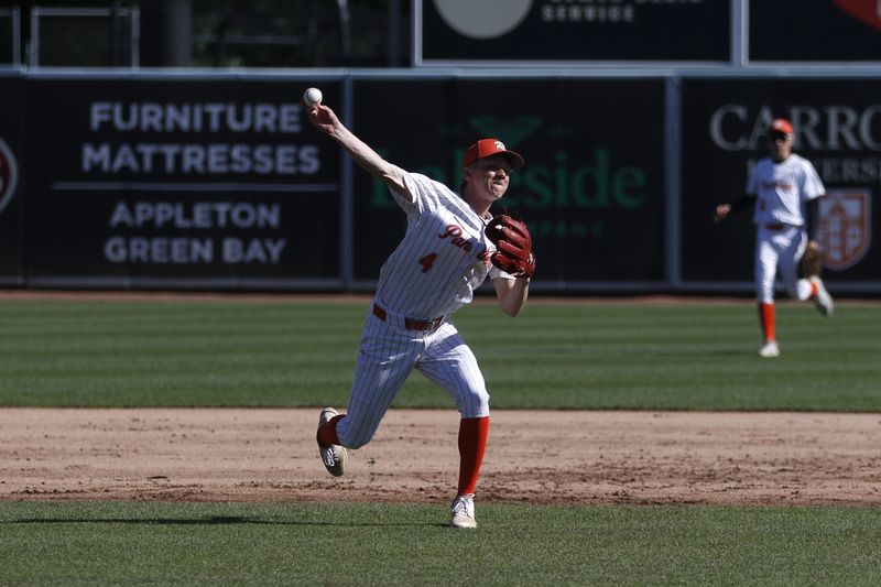 Reedville’s Ben Prochnow makes a throw to first base against Potosi/Cassville in a WIAA Division 4 state tournament semifinal game on Tuesday, June 16, 2026, at Neuroscience Group Field at Fox Cities Stadium in Grand Chute.