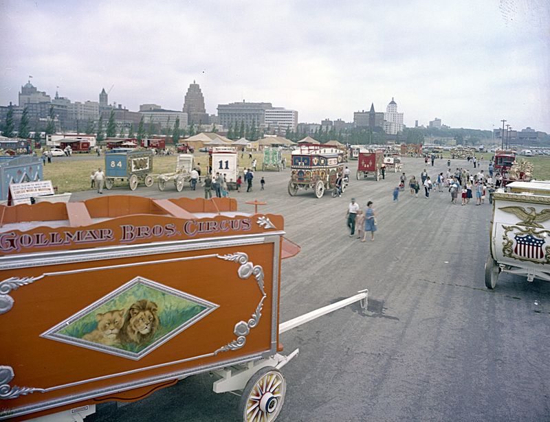One last look at the colorful circus wagons before the start of The Great Circus Parade in Milwaukee in 1965.