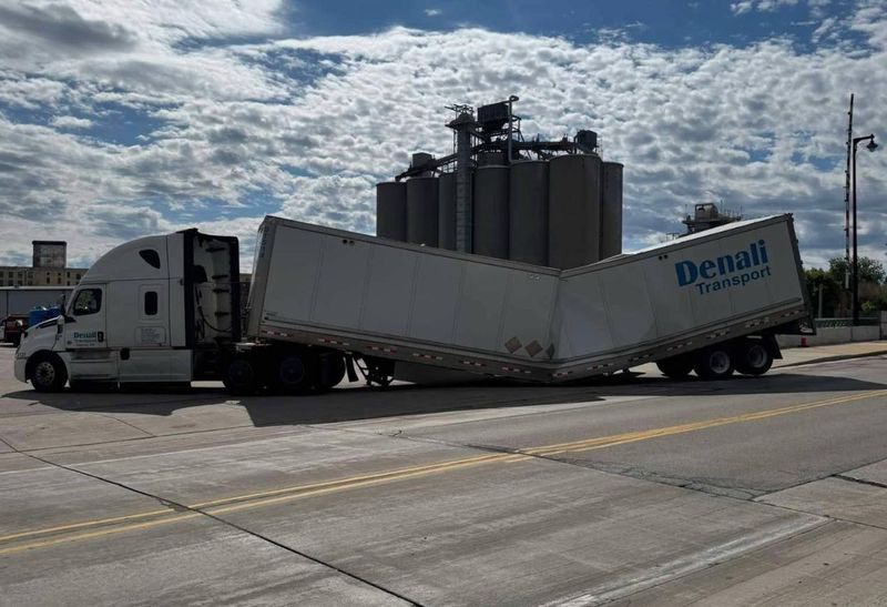 The trailer had to be lifted off the ground by a crane after it caved in.