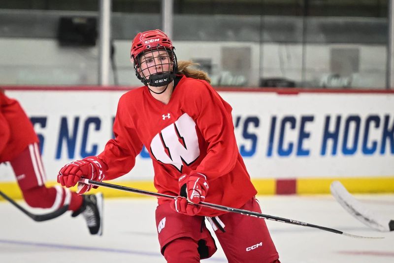 Wisconsin defender Caroline Harvey skates during womenâ€™s hockey practice Wednesday, September 17, 2025, at LaBahn Arena in Madison, Wisconsin.