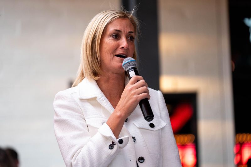 Iowa athletic director Beth Goetz talks with Hawkeye fans during a Hawkeye Huddle on Sept. 4, 2025, at Big Grove Brewery in Des Moines.