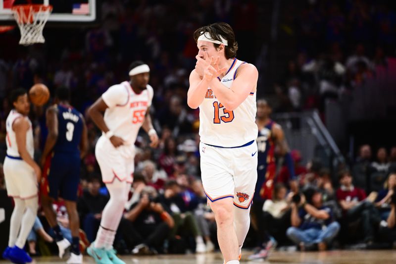 May 25, 2026; Cleveland, Ohio, USA; New York Knicks guard Tyler Kolek (13) reacts in the fourth quarter against the Cleveland Cavaliers during game four of the eastern conference finals for the 2026 NBA playoffs at Rocket Arena. Mandatory Credit: Ken Blaze-Imagn Images