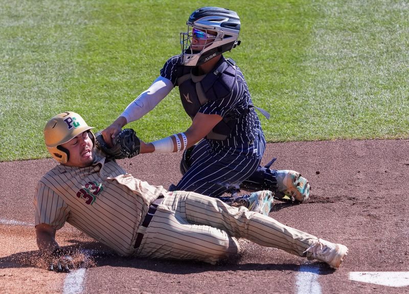 Columbus Catholic High School's Mac Konieczny (6) tags out Potosi/Cassville's Kolton Vogelsberg (33) at home plate in the Division 4 championship game during the WIAA state baseball tournament on Thursday, June 18, 2026, at Neuroscience Group Field at Fox Cities Stadium in Grand Chute, Wis.
Tork Mason/USA TODAY NETWORK-Wisconsin