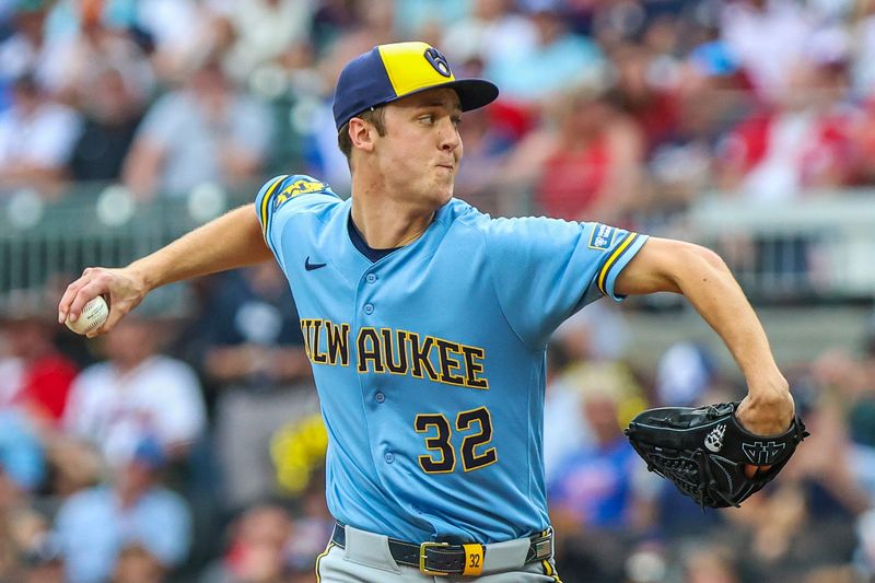 Jun 19, 2026; Cumberland, Georgia, USA; Milwaukee Brewers pitcher Jacob Misiorowski (32) pitches against the Atlanta Braves during the first inning at Truist Park. Mandatory Credit: Jordan Godfree-Imagn Images