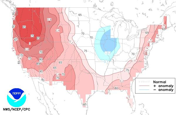 The National Oceanic and Atmospheric Administration's seasonal temperature anomaly map for July, August and September 2026. Southern Wisconsin is forecast for a slightly cooler summer than normal.