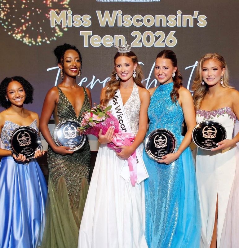 Elise Jackson of Forestville, second from right, was named first runner-up in the Miss Wisconsin's Teen 2026 contest, a year after she was third runner-up in the state teen pageant. Seen with Jackson are, from left, fourth runner-up Maliah Miller of Beloit, second runner-up Elioenai Samuel of Menomonee Falls, newly crowned Miss Wisconsin's Teen 2026 Meredith Rosemurgy of Madison, and third runner-up Ruby Marti of Wisconsin Rapids.