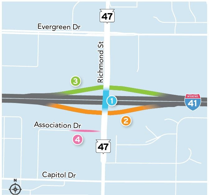 This graphic provided by the Wisconsin Department of Transportation depicts the phases of closures at the State 47/Interstate 41 interchange. The blue portion closed May 19 and is closed until fall 2026. The orange portion closed June 29 through fall 2026. The green portion will close mid-July through fall 2026. The pink portion closed permanently June 29, and be converted to a cul-de-sac.