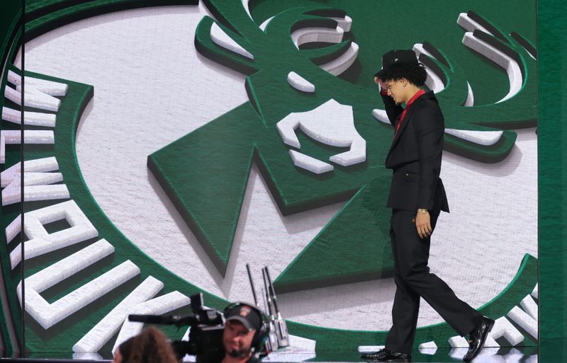 Jun 23, 2026; New York, NY, USA; The tenth pick in the 2026 NBA draft, Arizona guard Brayden Burries after he was selected by the Milwaukee Bucks at Barclays Center. Mandatory Credit: Brad Penner-Imagn Images